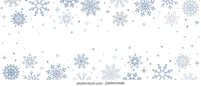 Snow border frame. Christmas banner. Winter pattern with silver blue snowflakes and dots on transparent background.