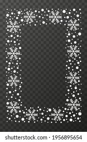 Snow border frame. Christmas texture, isolated on transparent background. Snowflake abstract effect. Holiday border, silver glitter. Blizzard design. Winter snow fall decoration. Vector illustration