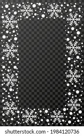 Marco de borde de nieve. textura navideña, aislada en fondo transparente. Efecto abstracto del copo de nieve. Borde de vacaciones, brillo plateado. Diseño de Blizzard. Decoración de nevadas de invierno. Ilustración del vector