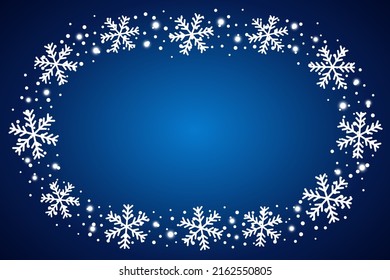 Snow border frost frame. Christmas texture, isolated on blue background. Snowflake abstract effect. Holiday border, silver glitter. Blizzard design. Winter snow fall decoration. Vector illustration