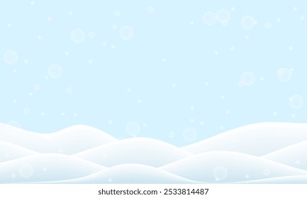 Snow border podium, 3d vector background. Winter snow mountain sale banner. Pile snowdrift cap on realistic ground. Pastel landscape with snowy flakes drop. White ice hill, wavy mound scene frame