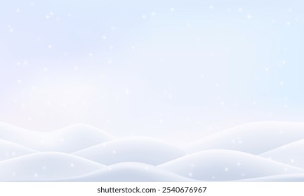 Podio de la frontera de la nieve, fondo del Vector 3d. Anuncio de venta de montaña de nieve de invierno. Apilar el casquillo de la deriva de la nieve en tierra realista. Paisaje pastel con caída de copos de nieve. Colina de hielo blanco, marco ondulado de la escena del montículo