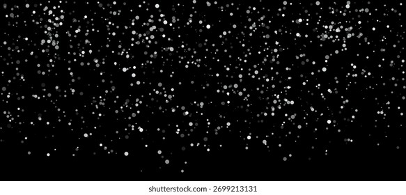 Frontera de nieve. Patrón realista inconsútil de la nieve o de los copos de nieve que cae aislado en el fondo negro. Fondo de Navidades Abstractas con círculos blancos y grises dispersos que se asemejan a la nieve que cae o al bokeh