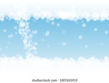 Snow border with white snowflakes on horizontal winter background. Merry Christmas and Happy New Year snow border for season sales, banners, invitations, retail offers. Falling snow. Winter window.