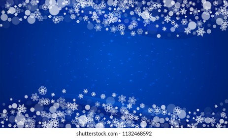 Snow border with white snowflakes on horizontal winter background. Merry Christmas and Happy New Year snow border for season sales, banners, invitations, retail offers. Falling snow. Winter window.