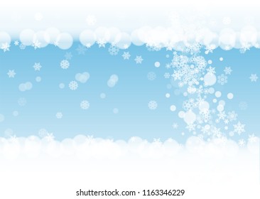 Snow border with white snowflakes on horizontal winter background. Merry Christmas and Happy New Year snow border for season sales, banners, invitations, retail offers. Falling snow. Winter window.