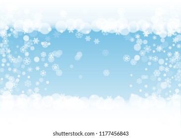 Snow border with white snowflakes on horizontal winter background. Merry Christmas and Happy New Year snow border for season sales, banners, invitations, retail offers. Falling snow. Winter window.