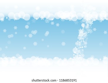 Snow border with white snowflakes on horizontal winter background. Merry Christmas and Happy New Year snow border for season sales, banners, invitations, retail offers. Falling snow. Winter window.