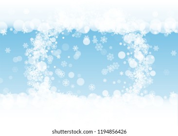 Snow border with white snowflakes on horizontal winter background. Merry Christmas and Happy New Year snow border for season sales, banners, invitations, retail offers. Falling snow. Winter window.