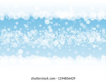 Snow border with white snowflakes on horizontal winter background. Merry Christmas and Happy New Year snow border for season sales, banners, invitations, retail offers. Falling snow. Winter window.