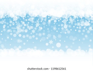 Snow border with white snowflakes on horizontal winter background. Merry Christmas and Happy New Year snow border for season sales, banners, invitations, retail offers. Falling snow. Winter window.