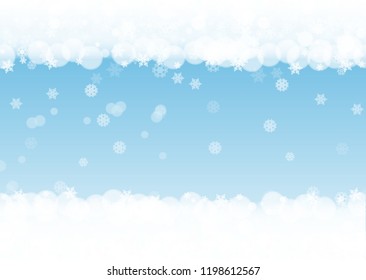 Snow border with white snowflakes on horizontal winter background. Merry Christmas and Happy New Year snow border for season sales, banners, invitations, retail offers. Falling snow. Winter window.