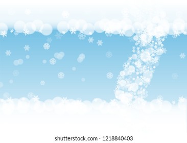 Snow border with white snowflakes on horizontal winter background. Merry Christmas and Happy New Year snow border for season sales, banners, invitations, retail offers. Falling snow. Winter window.