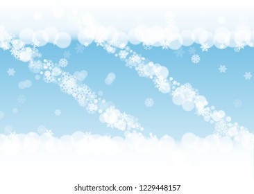 Snow border with white snowflakes on horizontal winter background. Merry Christmas and Happy New Year snow border for season sales, banners, invitations, retail offers. Falling snow. Winter window.