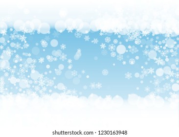 Snow border with white snowflakes on horizontal winter background. Merry Christmas and Happy New Year snow border for season sales, banners, invitations, retail offers. Falling snow. Winter window.