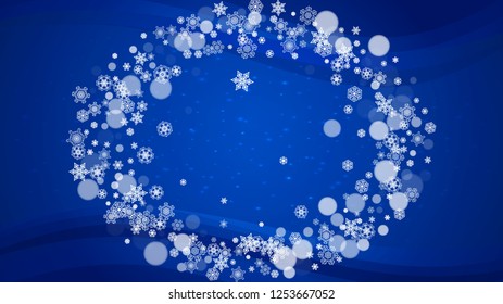 Snow border with white snowflakes on horizontal winter background. Merry Christmas and Happy New Year snow border for season sales, banners, invitations, retail offers. Falling snow. Winter window.