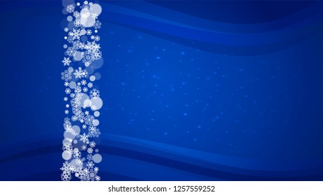 Snow border with white snowflakes on horizontal winter background. Merry Christmas and Happy New Year snow border for season sales, banners, invitations, retail offers. Falling snow. Winter window.