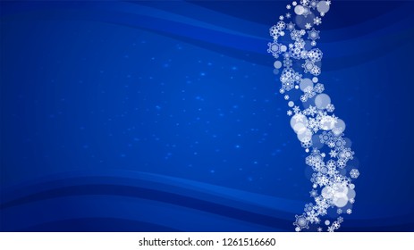 Snow border with white snowflakes on horizontal winter background. Merry Christmas and Happy New Year snow border for season sales, banners, invitations, retail offers. Falling snow. Winter window.