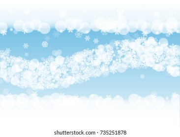 Snow border with white snowflakes on horizontal winter background. Merry Christmas and Happy New Year snow border for season sales, banners, invitations, retail offers. Falling snow. Winter window.
