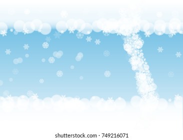 Snow border with white snowflakes on horizontal winter background. Merry Christmas and Happy New Year snow border for season sales, banners, invitations, retail offers. Falling snow. Winter window.