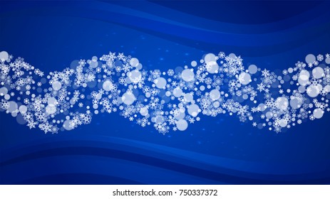 Snow border with white snowflakes on horizontal winter background. Merry Christmas and Happy New Year snow border for season sales, banners, invitations, retail offers. Falling snow. Winter window.