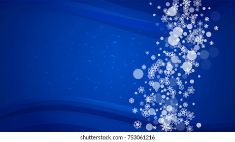 Snow border with white snowflakes on horizontal winter background. Merry Christmas and Happy New Year snow border for season sales, banners, invitations, retail offers. Falling snow. Winter window.