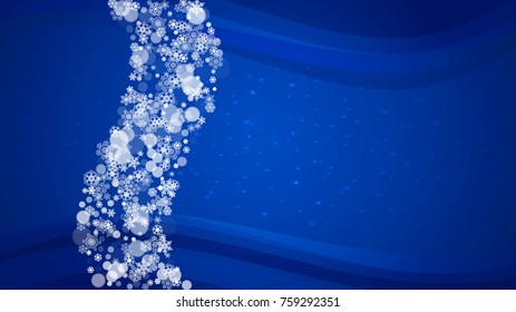 Snow border with white snowflakes on horizontal winter background. Merry Christmas and Happy New Year snow border for season sales, banners, invitations, retail offers. Falling snow. Winter window.