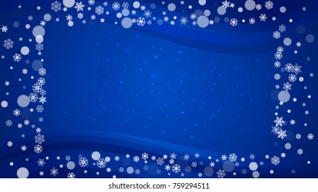 Snow border with white snowflakes on horizontal winter background. Merry Christmas and Happy New Year snow border for season sales, banners, invitations, retail offers. Falling snow. Winter window.