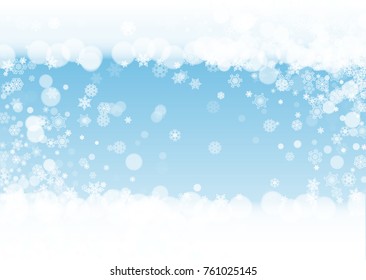 Snow border with white snowflakes on horizontal winter background. Merry Christmas and Happy New Year snow border for season sales, banners, invitations, retail offers. Falling snow. Winter window.