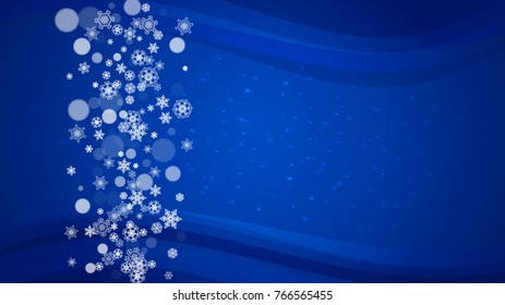 Snow border with white snowflakes on horizontal winter background. Merry Christmas and Happy New Year snow border for season sales, banners, invitations, retail offers. Falling snow. Winter window.