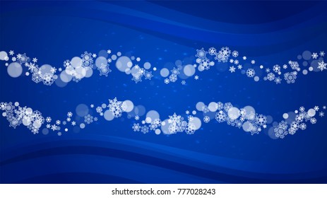 Snow border with white snowflakes on horizontal winter background. Merry Christmas and Happy New Year snow border for season sales, banners, invitations, retail offers. Falling snow. Winter window.