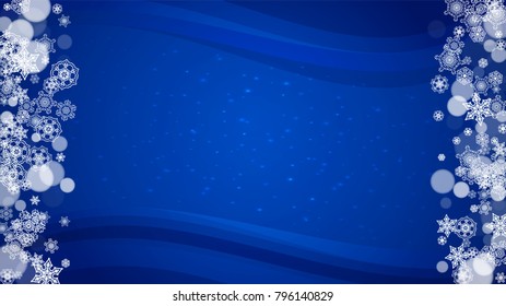 Snow border with white snowflakes on horizontal winter background. Merry Christmas and Happy New Year snow border for season sales, banners, invitations, retail offers. Falling snow. Winter window.