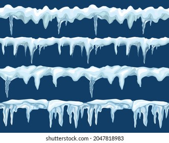 Snow borders seamless pattern with ornate hanging icicles at blue background flat vector illustration