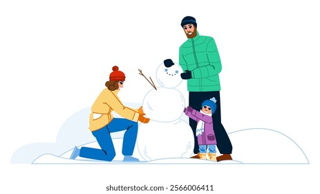 snow building snowman family vector. fun outdoor, activity festive, holiday tradition snow building snowman family character. people flat cartoon illustration