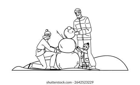 vetor familiar do boneco de neve da construção da neve. divertido ao ar livre, atividade festiva, tradição de férias snowbuilding boneco de neve caráter da família. pessoas linha preta lápis desenho ilustração