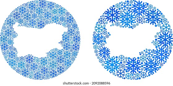 Snow Bulgaria map mosaic is composed with circle and subtracted space. Vector Bulgaria map mosaic of snow particles in different sizes and blue color hues. Created for New Year applications.