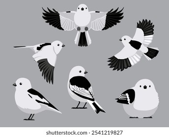 Nieve Bunting Pájaro Invierno Varias Poses Personaje de Vector de dibujos animados