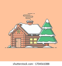 Snow Cabin in Winter Vector Illustration. House Icon. Cabin Logo. Snow Covered Cabin in Forest. Wooden House. Flat Cartoon Style Suitable for Web Landing Page, Banner, Flyer, Sticker, Card, Background