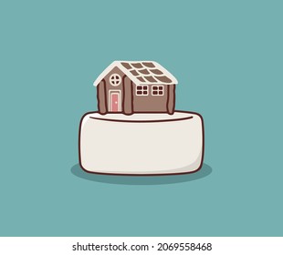 Snow cake with house shaped biscuitshand drawing illustration