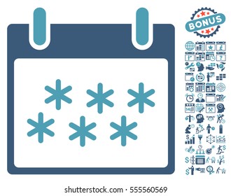 Snow Calendar Day icon with bonus calendar and time management images. Vector illustration style is flat iconic symbols, cyan and blue, white background.