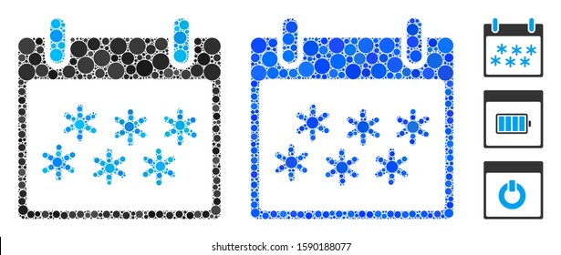 Snow calendar day mosaic of small circles in variable sizes and color tinges, based on snow calendar day icon. Vector random circles are united into blue mosaic.