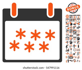 Snow Calendar Day pictograph with bonus calendar and time management clip art. Vector illustration style is flat iconic symbols, orange and gray, white background.