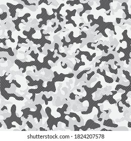 Snow Camouflage Seamless Pattern. Winter Seamless Artistic Graphic Art. Gray Seamless Modern Graphic Camouflage. Camouflage Patterns Black Repeated Military Vector Wrapping. Gray