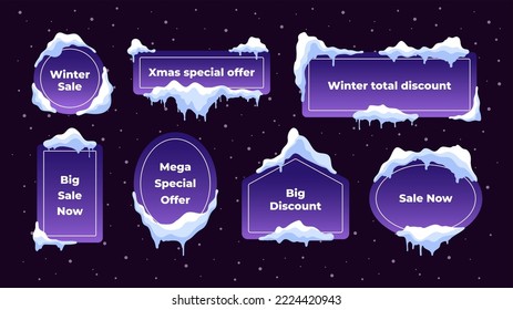 Snow cap banners. Winter frost snowdrift heap flame with text, frozen snowfall snowflake glacial holiday decorative labels. Vector isolated set of ice frost snowdrift banner illustration