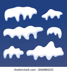 Snow cap collection vector illustration. Set of snowdrifts, icicles, snowflakes. Winter snowy decorative elements.