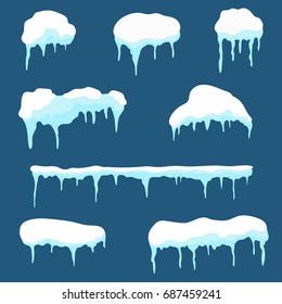 Snow cap, ice cap set. Snowdrifts and icicles design elements isolated on background. Vector