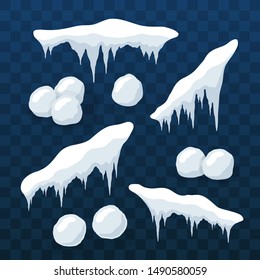 Snow cap ice set. Winter design snowy icicle roof. White blue snow ball template. Frame decoration isolated transparent background. 3D realistic. Christmas New Year frozen texture Vector illustration