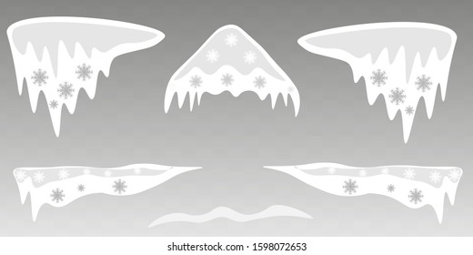 Snow cap ice set. Winter design snowy icicle roof. White blue snow ball template. Frame decoration isolated transparent background. 3D realistic. Christmas New Year frozen texture Vector illustration
