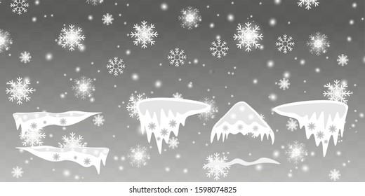Snow cap ice set. Winter design snowy icicle roof. White blue snow ball template. Frame decoration isolated transparent background. 3D realistic. Christmas New Year frozen texture Vector illustration
