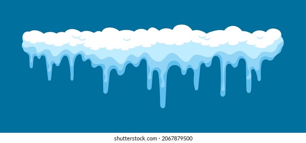 Snow Cap with Icicles, Isolated Snowdrift Border, Winter Snowy Decoration, Christmas Design Element. Long Icy Framing, Xmas Frozen Decor on Blue Background. Cartoon Vector Illustration, Icons